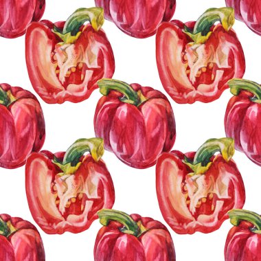 Beyaz arka planda kusursuz suluboya kırmızı dolma biber. Yemek kitabı menüsü için el yapımı tatlı sebze. Kafe duvar kâğıdı eskiz defteri için yaratıcı baharatlı kırmızı bibere tırman