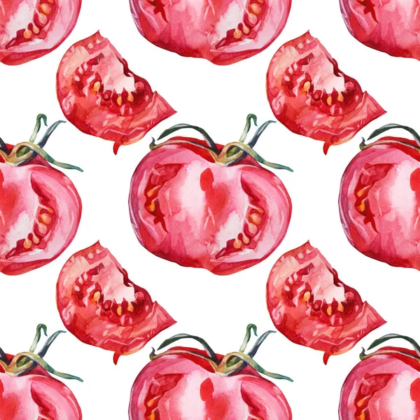 Απρόσκοπτη φέτα μοτίβο μισή ντομάτα σε λευκό φόντο. Υδατογραφία κόκκινο χειροποίητο λαχανικό. Υγιεινά τρόφιμα για σαλάτα μαγείρεμα κέτσαπ. Δημιουργική τέχνη για το μενού cookbook κουζίνα ταπετσαρία περιτύλιγμα, καφέ — Φωτογραφία Αρχείου