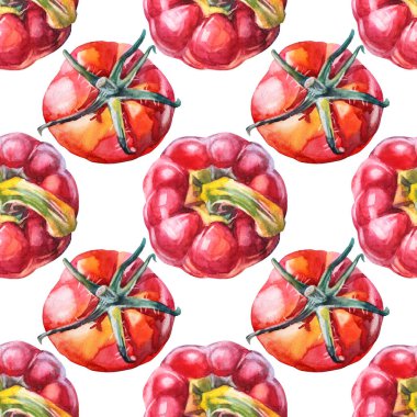 Beyaz arka planda kusursuz suluboya kırmızı dolma biber ve domates. Yemek kitabı menüsü için el yapımı tatlı sebze. Kafe paketleme eskiz defteri için yaratıcı baharatlı biber tırman