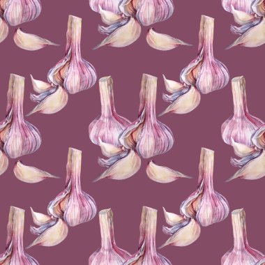 Kusursuz desenli suluboya, mor arka planda soyulmuş sarımsak. Yemek kitabı menüsü için elle çizilmiş baharatlı sebze çeşnisi. Kafe ambalajı için yaratıcı aromalı gıdalara tırman