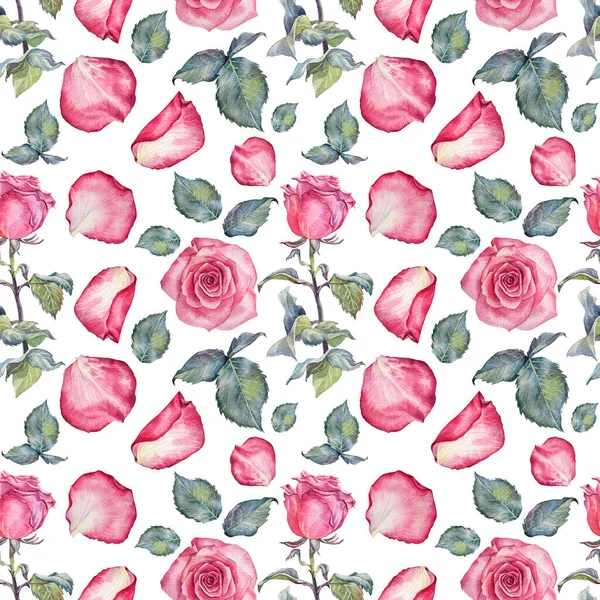 Nahtloses Muster Aquarell rosa Rose mit grünen Blättern auf weißem Hintergrund. Handgezeichnete botanische Blume zum Valentinstag oder 8. März. Frauentag im Frühling. Kunst zur Hochzeitsfeier einladen — Stockfoto