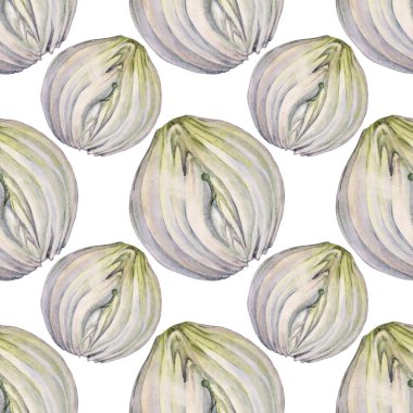 Kusursuz desenli suluboya kabuklu soğan, beyaz arka planda izole edilmiş. Sağlık için altın rengi sebze vitamini. Çorba salatası için el yapımı baharatlı yemekler, yemek kitabı menüsü kafesi. Duvar kağıdı sanatı