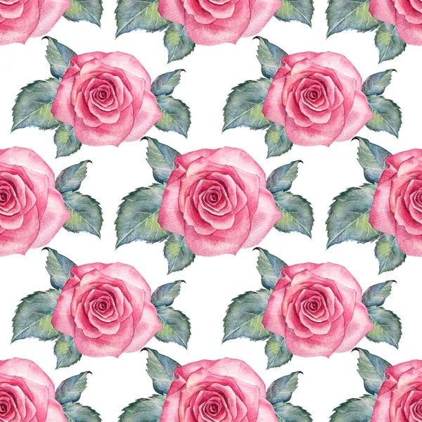 Nahtloses Muster Aquarell rosa Rose mit grünen Blättern auf weißem Hintergrund. Handgezeichnete botanische Blume zum Valentinstag oder 8. März. Frühling. Glücklicher Frauentag. Kunst zur Hochzeitsfeier einladen — Stockfoto