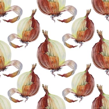 Kusursuz desenli suluboya, soyulmamış soğan, beyaz arka planda izole edilmiş. Sağlık için altın rengi sebze vitamini. Çorba salatası için el yapımı baharatlı yemekler, yemek kitabı menüsü kafesi. Çıkartma duvar kağıdı sanatı