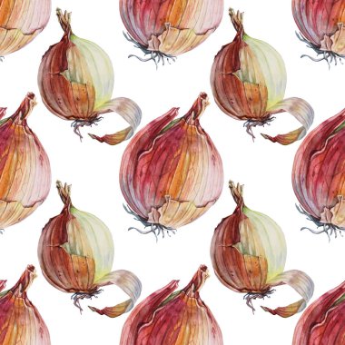 Kusursuz desenli suluboya, soyulmamış soğan, beyaz arka planda izole edilmiş. Sağlık için altın rengi sebze vitamini. Çorba salatası için el yapımı baharatlı yemekler, yemek kitabı menüsü kafesi. Duvar kağıdı sanatı.