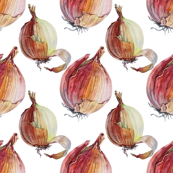 Kusursuz desenli suluboya, soyulmamış soğan, beyaz arka planda izole edilmiş. Sağlık için altın rengi sebze vitamini. Çorba salatası için el yapımı baharatlı yemekler, yemek kitabı menüsü kafesi. Duvar kağıdı sanatı.