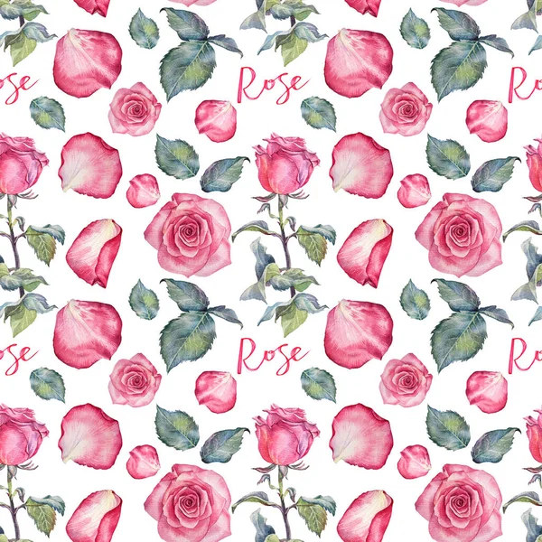 Nahtloses Muster Aquarell rosa Rose mit grünen Blättern auf weißem Hintergrund. Handgezeichnete botanische Blume zum Valentinstag oder 8. März. Frühling. Glücklicher Frauentag. Hochzeitsfeier lädt ein — Stockfoto