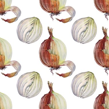 Kusursuz desenli suluboya, soyulmamış soğan ve beyaz arka planda izole edilmiş dilim. Sağlık için altın rengi sebze vitamini. Çorba ve yemek kitabı menüsü için elle çizilmiş baharatlı yemekler. Çıkartma duvar kağıdı sanatı