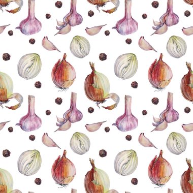 Kusursuz desenli suluboya sarımsaklı soğan ve beyaz arka planda izole edilmiş biberli mısır. Yemek kitabı menüsü için elle çizilmiş baharatlı sebze çeşnisi. Kafe için sanat aromalı yemekler