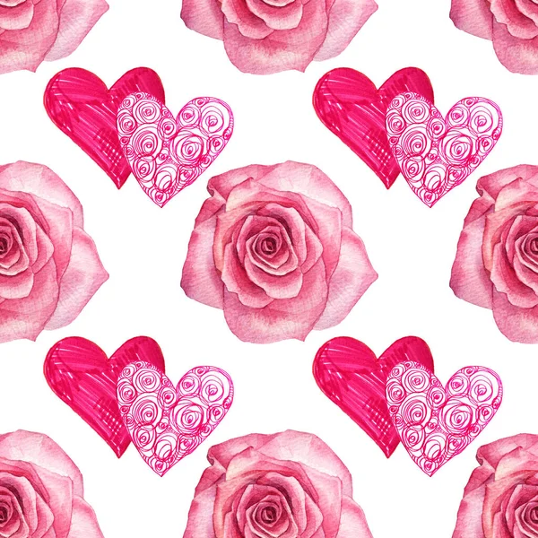 Naadloos patroon twee rode hart en roze aquarel steeg op witte achtergrond. Handgetekende marker naïeve kunst. Een sierlijke draaikolk. Ontwerp voor Valentijnsdag, kaart, feest, 8 maart, trouwverpakking — Stockfoto
