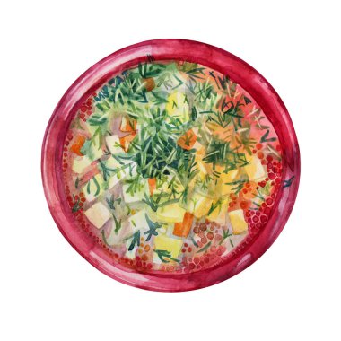 Kırmızı tabakta yeşil dereotlu sebzeli patates kabağı çorbası beyaz arka planda izole edilmiş. Etiketli kafe menüsü için elle çizilmiş sıcak yemek yemeği. Duvar kağıdı için yaratıcı Clipart