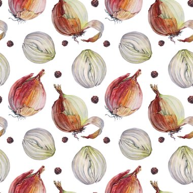 Kusursuz desenli suluboya soyulmamış soğan ve beyaz arkaplanda siyah biberli mısır dilimi. Sağlık için altın rengi sebze vitamini. Yemek kitabı menüsü için elle çizilmiş baharatlı yemekler. Mutfak sanatı