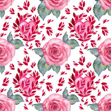 Kusursuz desenli suluboya pembe gül yeşil yapraklı ve kırmızı kalpli beyaz arkaplan dallı. Sevgililer Günü ya da 8 Mart için el yapımı çiçek. Bahar Kadınları Günü. Düğün davetiyesi