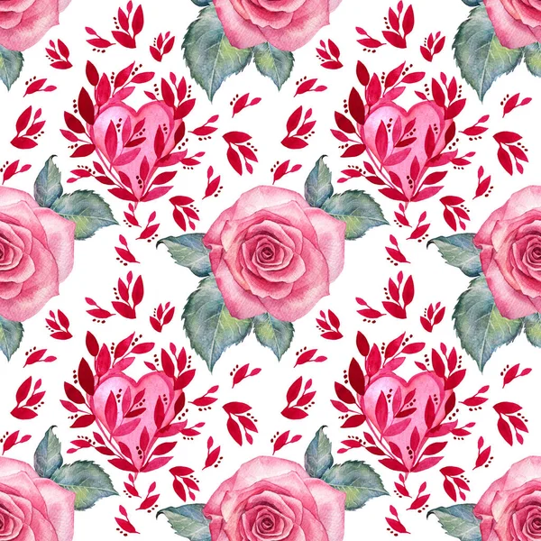 Seamless pattern watercolor pink rose with green leaves and red heart with branch on white background. Hand-drawn flower for Valentines day or 8 March. Spring womens day. Wedding celebration invite — Stockfoto