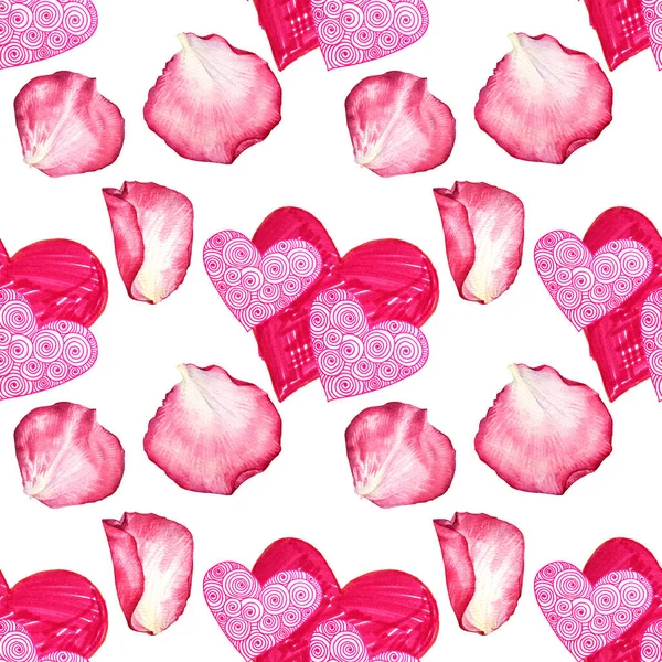 Seamless pattern two red heart and pink watercolor rose petal on white background. Hand-drawn marker naive art. Ornate swirl line. Design for valentines day, celebration, 8 March, wedding, wrapping — стоковое фото