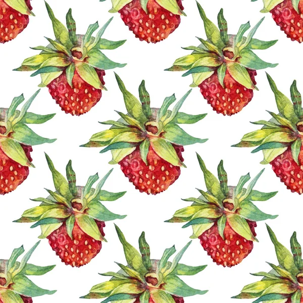 Απρόσκοπτη υδατογραφία μοτίβο φράουλα με πράσινα φύλλα απομονώνονται σε λευκό φόντο. Χειροποίητο γλυκό καλοκαιρινό μούρο για την κουζίνα. Γλυκό επιδόρπιο κόκκινων φρούτων για το μενού καφέ. Τέχνη για το βιβλίο μαγειρικής — Φωτογραφία Αρχείου