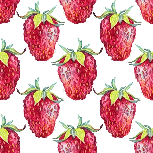 Seamless pattern watercolor strawberry with green leaves isolated on white background. Hand-drawn sweet summer berry food for kitchen. Cute red fruit dessert for menu cafe. Art for cookbook —  Fotos de Stock