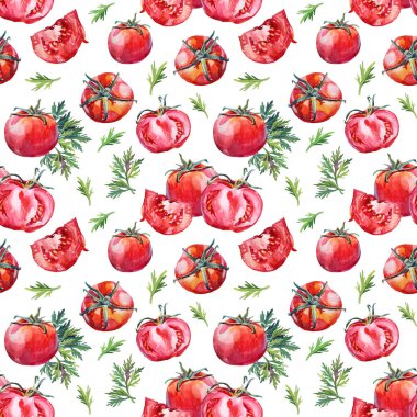 Kusursuz desenli suluboya kırmızı el yapımı domates ve beyaz arka planda izole edilmiş yeşil maydanoz. Yemek pişirmek için sağlıklı sebze. Ketçap menüsü, yemek kitabı mutfağı, eskiz kitabı için yaratıcı sanat