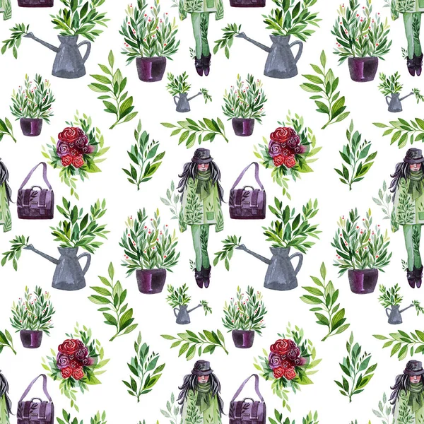 Seamless pattern spring or summer watercolor set with girl, green leaves, bag, watering can, plant in pot, bouquet of roses on white background. Green art for wrapping sketchbook wallpaper card — Stockfoto