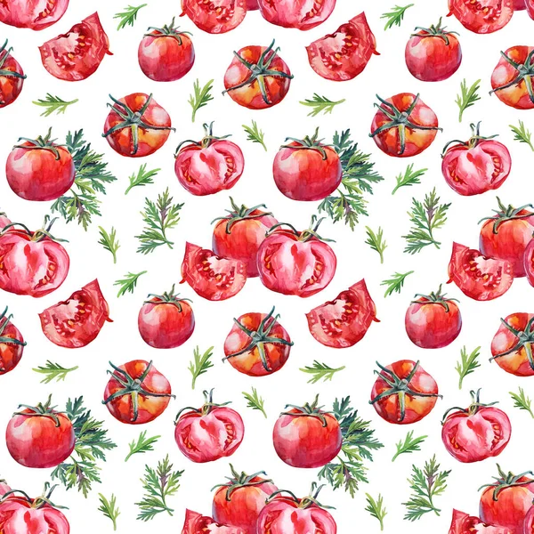 Seamless pattern watercolor red hand-drawn tomato and greenery parsley isolated on white background. Healthy food vegetable for cooking. Creative art for ketchup menu cookbook kitchen, sketchbook —  Fotos de Stock