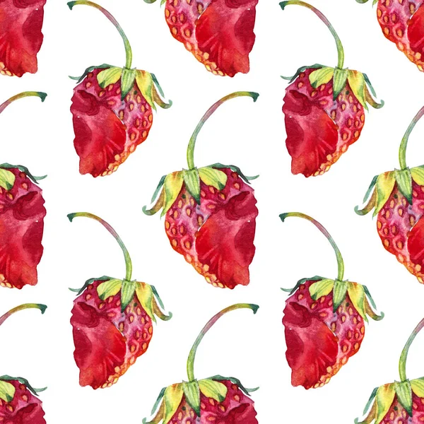 Seamless pattern watercolor strawberry with green leaves isolated on white background. Hand-drawn sweet summer bitten off berry food for kitchen. Red fruit dessert for menu cafe. Art for cookbook —  Fotos de Stock