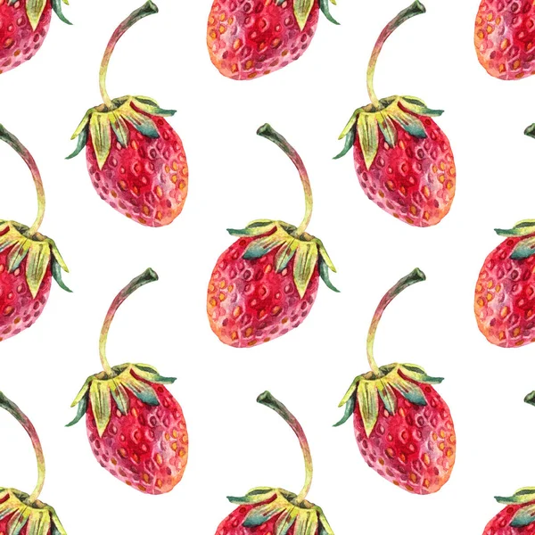 Naadloos patroon aquarel aardbei met groene bladeren geïsoleerd op witte achtergrond. Handgetekend zoet zomerbessenvoedsel voor in de keuken. Schattig rood fruit dessert voor menu cafe. Kunst voor kookboek — Stockfoto