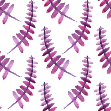 Kusursuz desenli suluboya pembe ve mor soyut dallar beyaz arka planda izole edilmiş yapraklar. Yaratıcı el yapımı bahar veya yaz çiçeği çizimi. Düğün için sanat 8 Mart Paketi