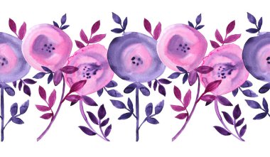 Kusursuz sınır suluboyası pembe ve mor soyut çiçek beyaz arka planda izole edilmiş yapraklar. Yaratıcı el yapımı bahar ya da yaz çizimi. 8 Mart Duvar Kağıdı Sanatı