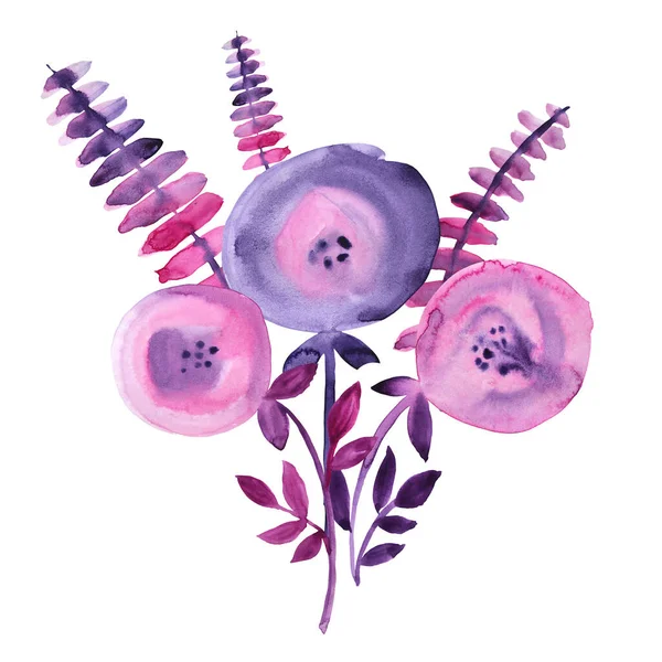 Aquarela roxo rosa flores abstrato buquê com folhas isoladas no fundo branco. Ilustração criativa de primavera ou verão desenhada à mão. Clipart para casamento 8 marcha embrulhando papel de parede adesivo — Fotografia de Stock