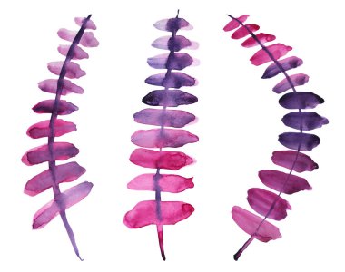 Beyaz arka planda izole edilmiş yapraklarla suluboya pembe ve mor soyut dal çiçeklerini ayarlayın. Yaratıcı el yapımı bahar ya da yaz çizimi. 8 Mart Duvar Kağıdı çıkartması için tırman