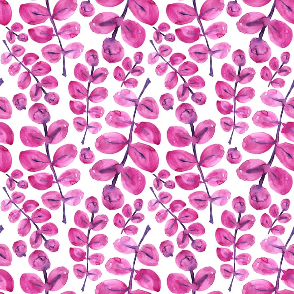 Nahtlose Muster Aquarell rosa und lila abstrakten Zweig mit Blättern isoliert auf weißem Hintergrund. Kreative handgezeichnete Frühlings- oder Sommerblumen-Illustration. Kunst für die Hochzeit am 8. März — Stockfoto