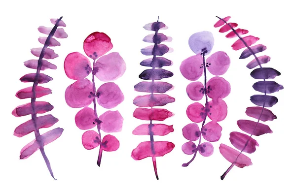 Set acquerello rosa e viola ramo astratto fiore con foglie isolate su sfondo bianco. Illustrazione creativa disegnata a mano in primavera o estate. Clipart per matrimonio 8 marzo carta da parati adesivo — Foto Stock