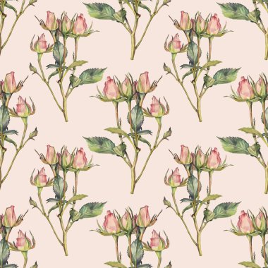 Pembe arka planda küçük güller ve yeşil yapraklarla kusursuz desenli suluboya dalları. Düğün için el yapımı bahar çiçeği, 8 Mart kutlamaları. Kart sanatı, duvar kağıdı ambalajı, çıkartma