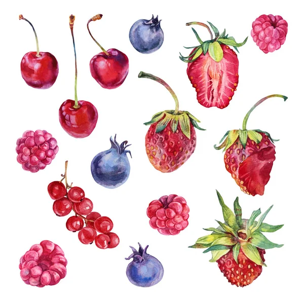 Clipart acuarela fresa cereza frambuesa arándano arándano aislado sobre fondo blanco. Alimento de bayas de verano dulce dibujado a mano. Postre de fruta roja para el menú. Set para pegatina, libro de cocina — Foto de Stock