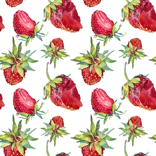 Naadloos patroon aquarel snijd aardbei met groene bladeren geïsoleerd op witte achtergrond. Handgetekend zoet zomerbessenvoedsel voor in de keuken. Schattig rood fruit dessert voor menu cafe. Kunst voor kookboek — Stockfoto