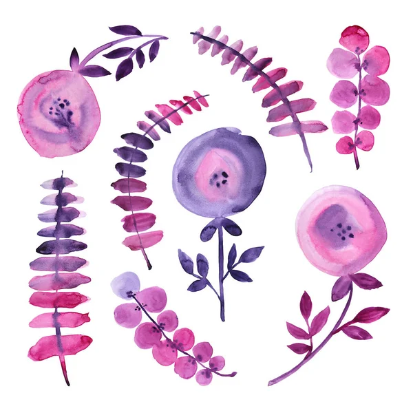 Ställ akvarell rosa och lila abstrakt blomma med blad isolerade på vit bakgrund. Kreativ handritad vår eller sommar illustration. Clipart för bröllop 8 mars förpackning tapet klistermärke — Stockfoto