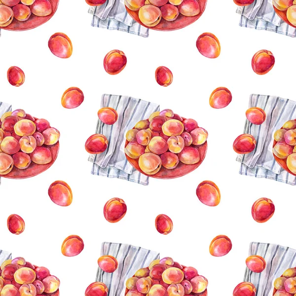 Seamless pattern watercolor apricot or peach on a plate with towel isolated on white background. Red yellow orange hand-drawn fruits. Sweet dessert summer food. Art for menu invitation card cafe — Stock Photo, Image