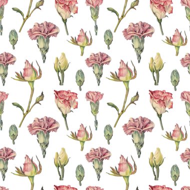 Kusursuz desenli suluboya pembe gül tomurcuğu, karanfil ve beyaz arka planda izole edilmiş yeşil yapraklar. Düğün için el yapımı bahar çiçeği, 8 Mart kutlamaları. Kartpostal için sanat, çıkartma