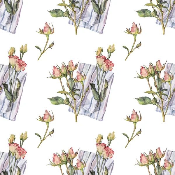 Kusursuz desenli suluboya dalları pembe güller ve beyaz arka planda izole edilmiş havluyla yeşil yapraklar. Düğün için el yapımı bahar çiçeği, 8 Mart kutlamaları. Duvar kağıdı paketleme sanatı — Stok fotoğraf