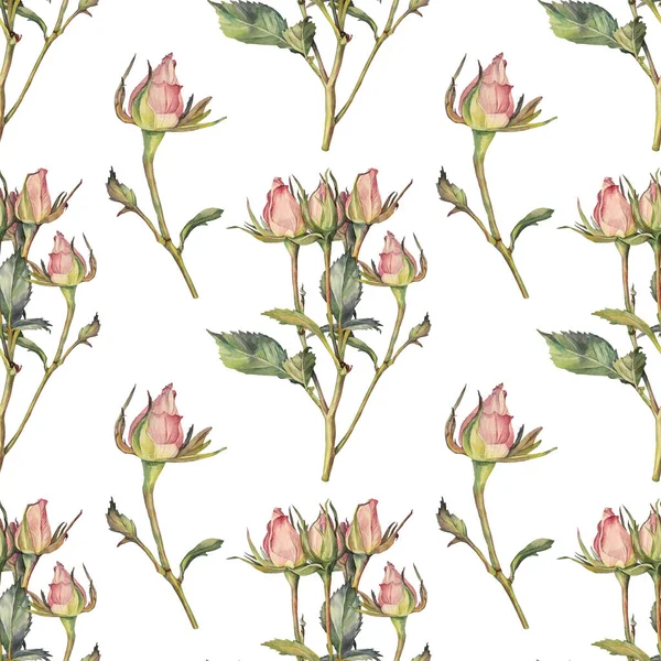 Nahtloser Aquarell-Zweig mit kleinen Rosen und grünen Blättern auf rosa Hintergrund. Frühling Sommer handgezeichnete Blume für Hochzeit, Feier am 8. März. Kunst für Karte, Tapetenverpackung — Stockfoto