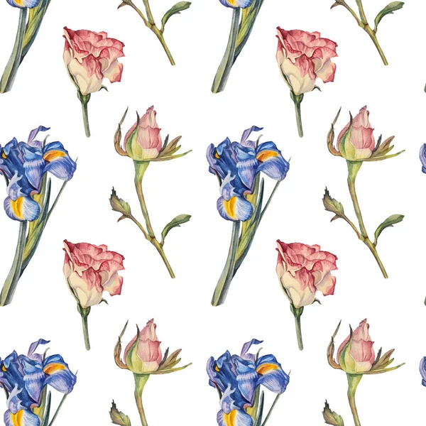 Nahtloses Muster Aquarell rosa Knospe Rose und Iris mit grünen Blättern auf weißem Hintergrund. Frühling Sommer handgezeichnete Blume für Hochzeit, Feier am 8. März. Kunst für Karten, Tapeten, Aufkleber — Stockfoto