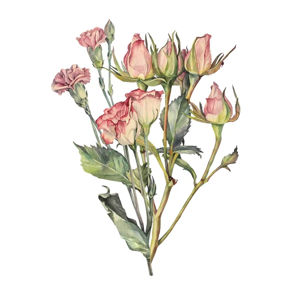분홍빛 장미와 장미꽃 그리고 하얀 배경에 따로 떨어져 있는 푸른 잎들이 있는 워터 컬러 부케. 봄의 꽃은 3 월 8 일의 결혼식을 위해 손으로 그린 것이다. 엽서를 위한 부분, 스티커 — 스톡 사진
