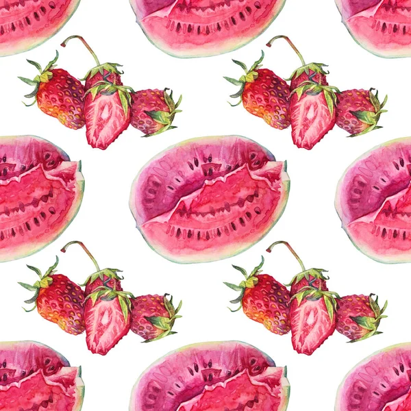 Nahtloses Muster Aquarell Wassermelone und Scheibe Erdbeere mit grünen Blättern auf weißem Hintergrund. Handgezeichnete süße Sommerbeeren sind Nahrung für die Küche. Rote Früchte Dessert für Menü-Café. Kunst für Kochbuch lizenzfreie Stockfotos