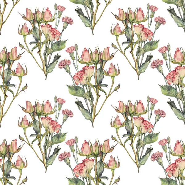 Seamless pattern watercolor bouquet with pink roses and carnation and green leaves on white background. Spring summer hand-drawn flower for a wedding, March 8 celebration. Art for a postcard Royalty Free Stock Images