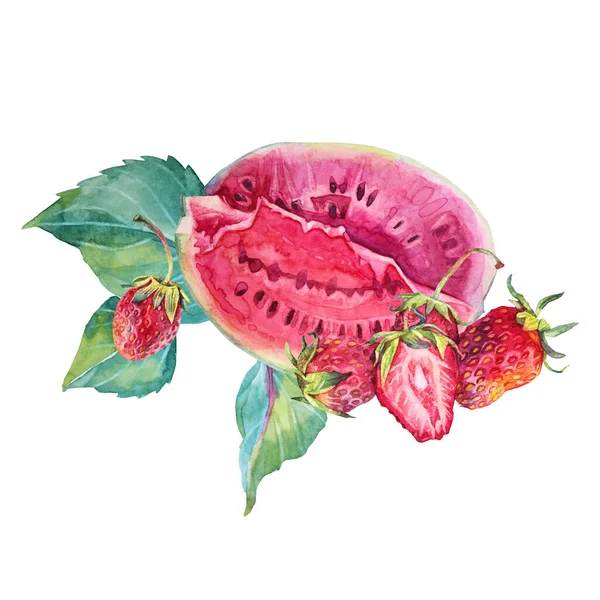 Zomer samenstelling aquarel plak watermeloen en aardbei met groene bladeren geïsoleerd op witte achtergrond. Met de hand getrokken zoete bessen voedsel voor de keuken. Rood fruit dessert als menu. Kunst voor kookboek — Stockfoto