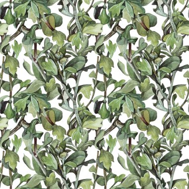 Kusursuz desenli suluboya elle çizilmiş yeşil ve mavi yapraklar beyaz arka planda. Yeşillik. Yaz havası. Davetiye kutlaması için yaratıcı sanat, duvar kağıdı, eskiz defteri.