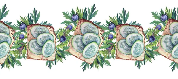 Seamless border watercolor sandwich with cucumber and cheese on bread, green leaves, berries blueberry on white background. Summer food for picnic or walk. Hand-drawn art for menu card, sketchbook Stock Photo