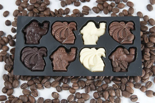 Chocolate e as sementes de café — Fotografia de Stock