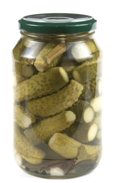 Preserved cucumbers in a jar — Stock Photo, Image