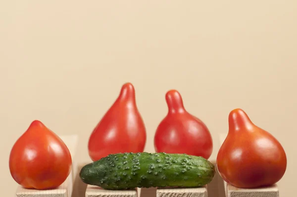 Quatre tomates rouges et concombre — Photo